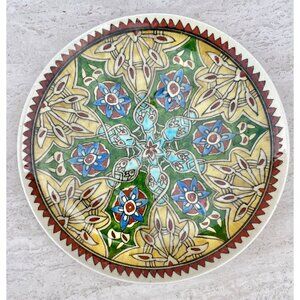 Ceramic Plate Hand Painted Floral Geometric Green Blue Yellow Red Colors 10.25”D